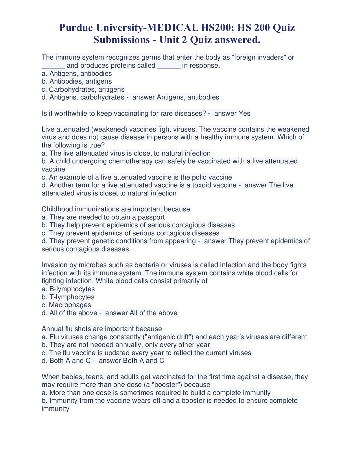 Preview image for Purdue University-MEDICAL HS200; HS 200 Quiz Submissions - Unit 2 Quiz answered.